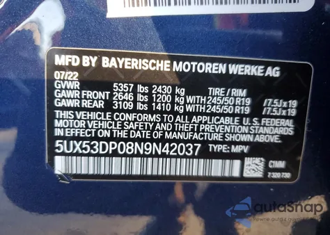 2022 BMW X3 xDrive30I из США, поврежденный, VIN 5UX53DP08N9N42037